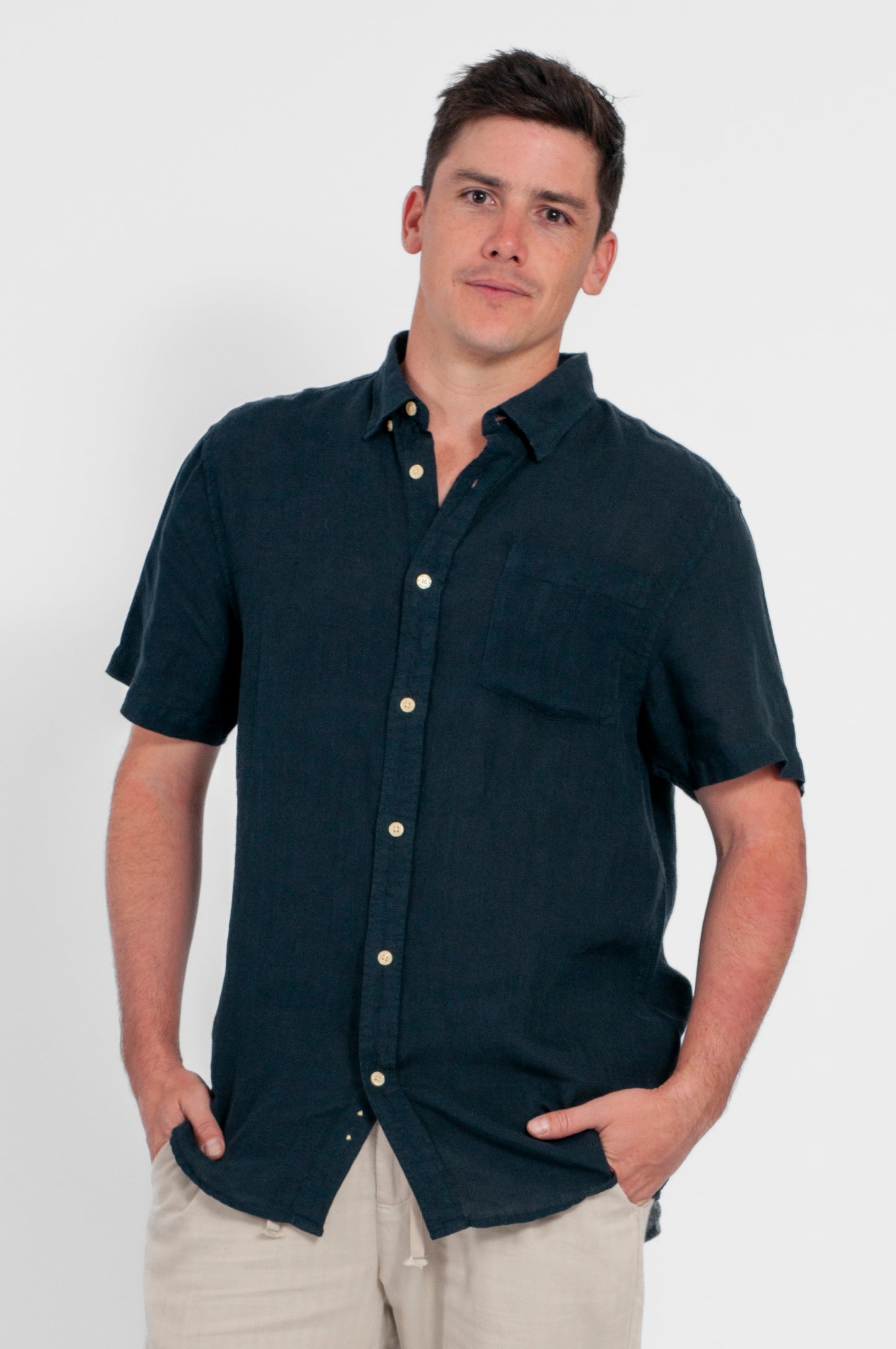 CAMISA BALI MANGA CORTA LINO AZUL