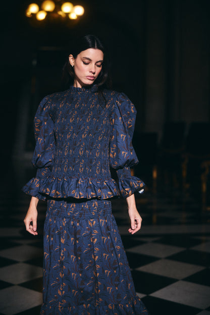 Falda Menorca Estampado Azul con Café