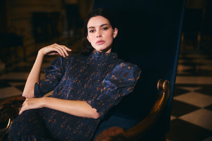 Vestido Cerdeña Estampado Azul con Café