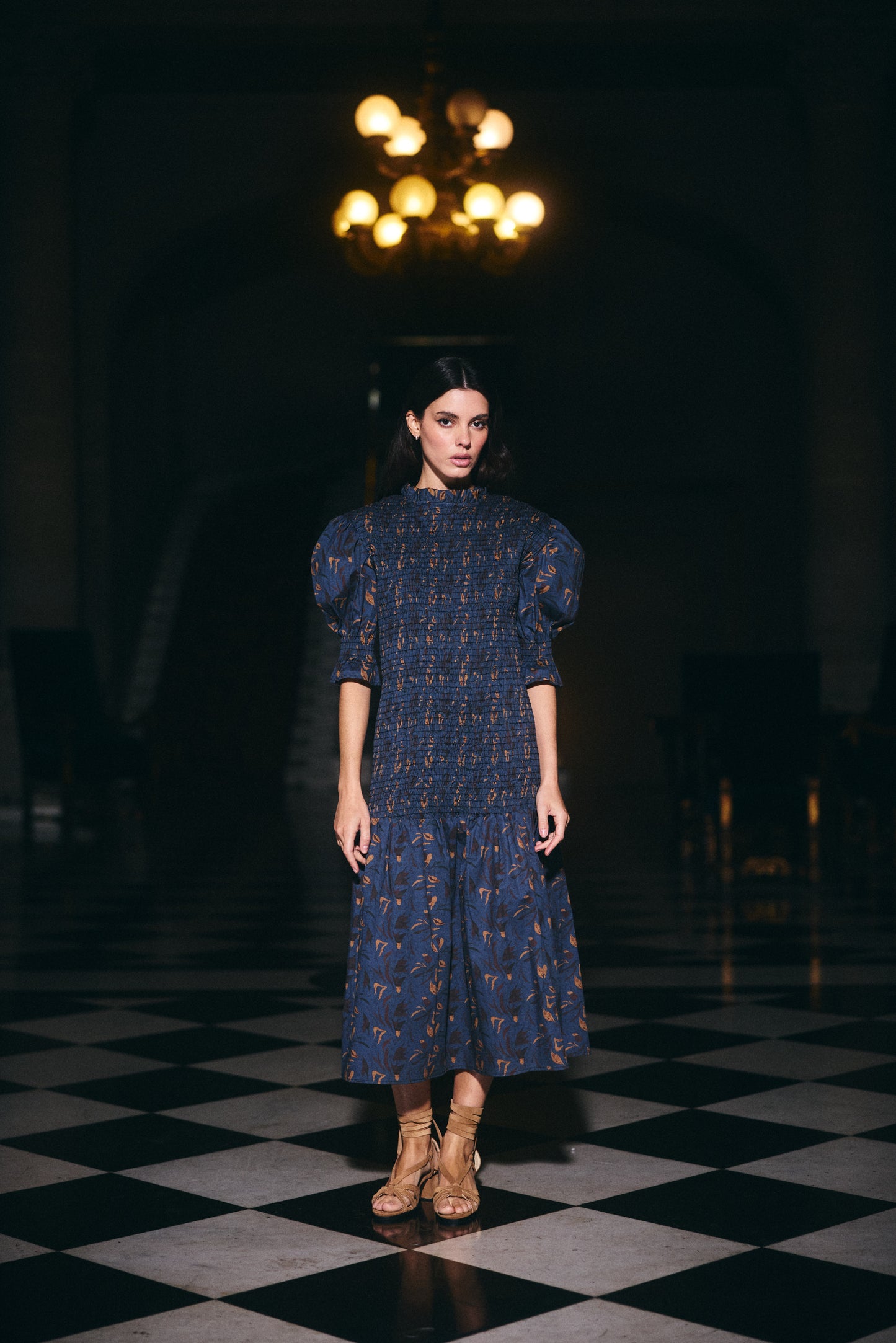 Vestido Cerdeña Estampado Azul con Café