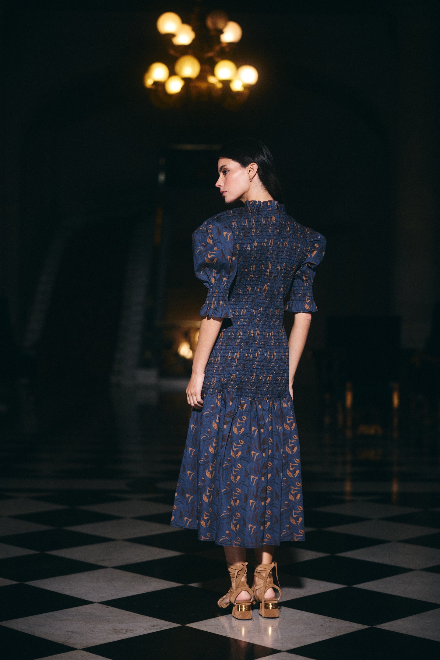 Vestido Cerdeña Estampado Azul con Café