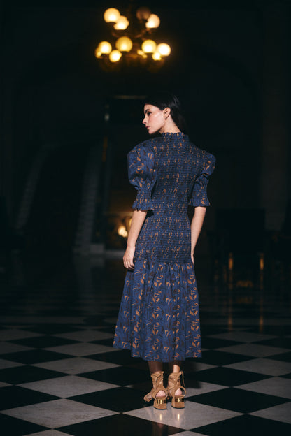 Vestido Cerdeña Estampado Azul con Café