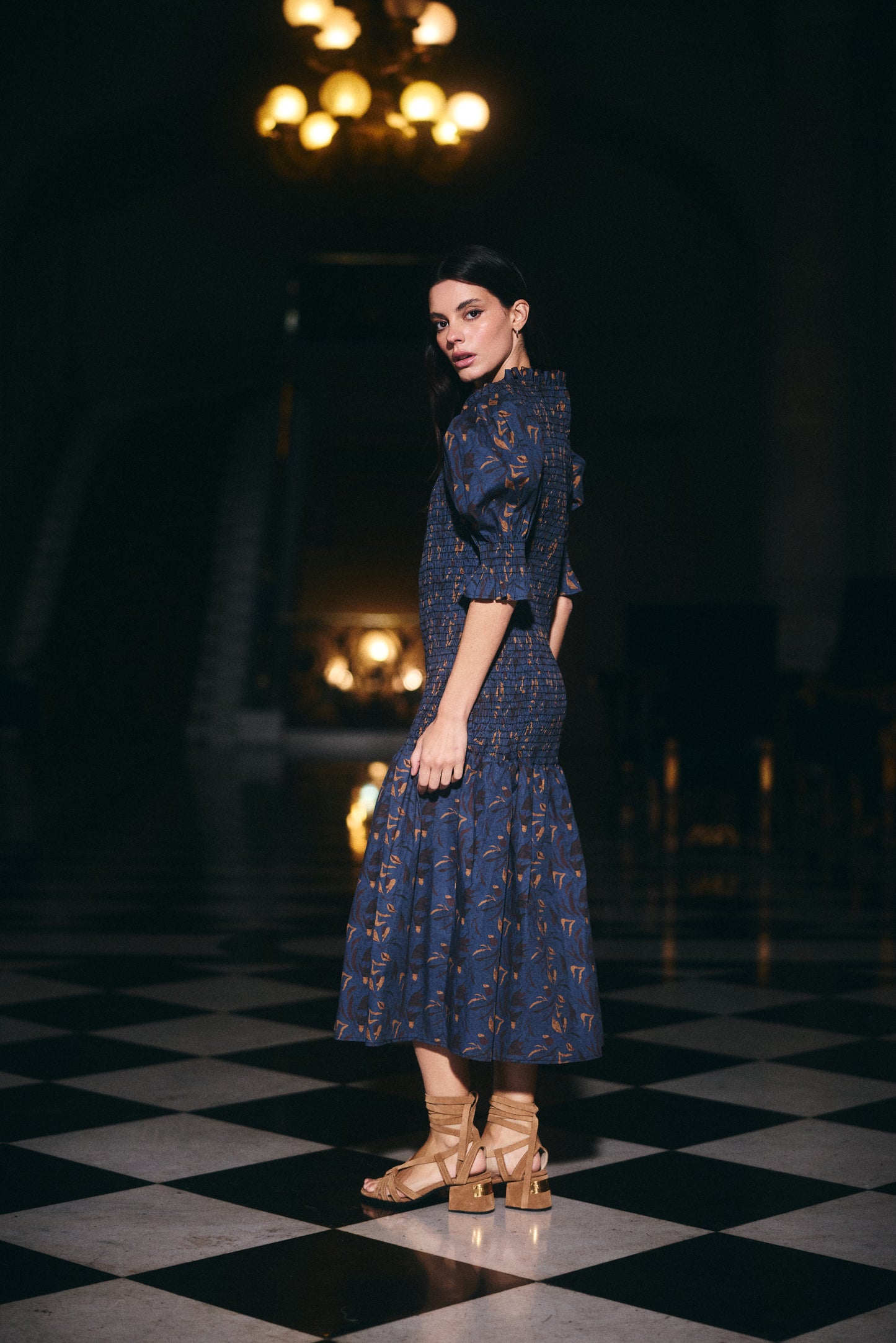 Vestido Cerdeña Estampado Azul con Café