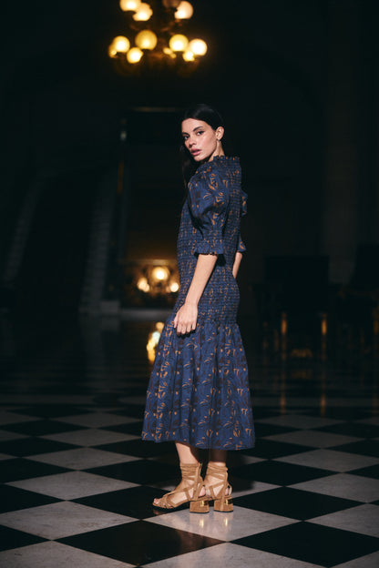 Vestido Cerdeña Estampado Azul con Café