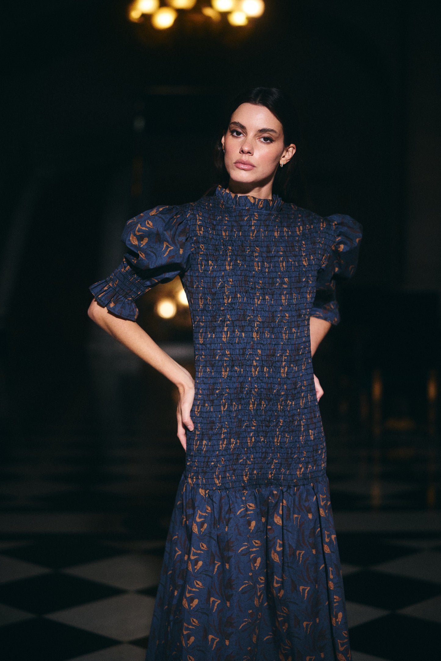 Vestido Cerdeña Estampado Azul con Café