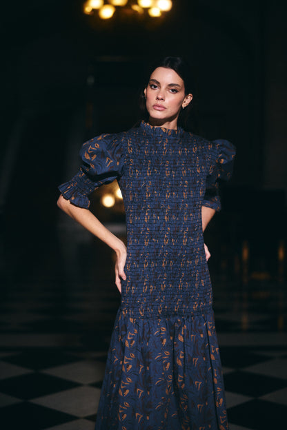 Vestido Cerdeña Estampado Azul con Café