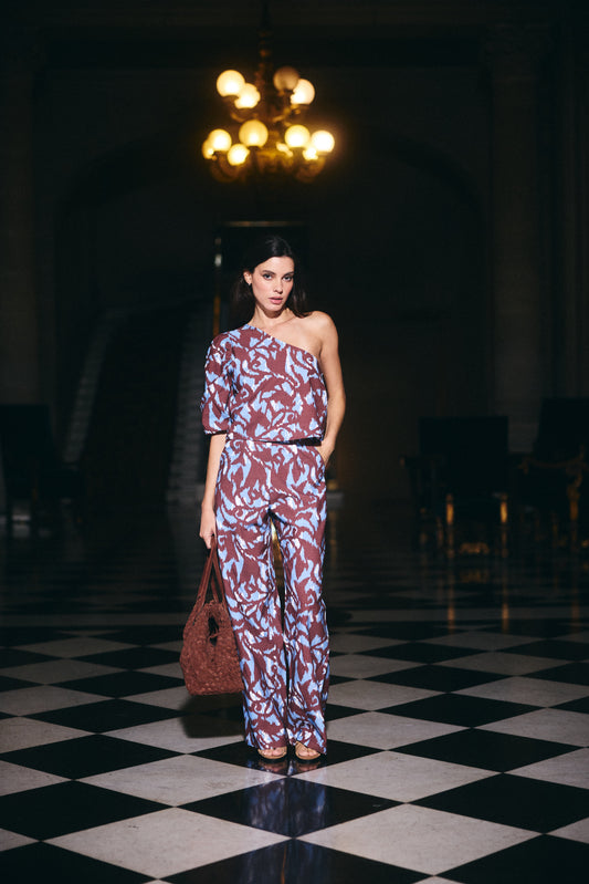 Pantalon Tulum Estampado Café con Celeste