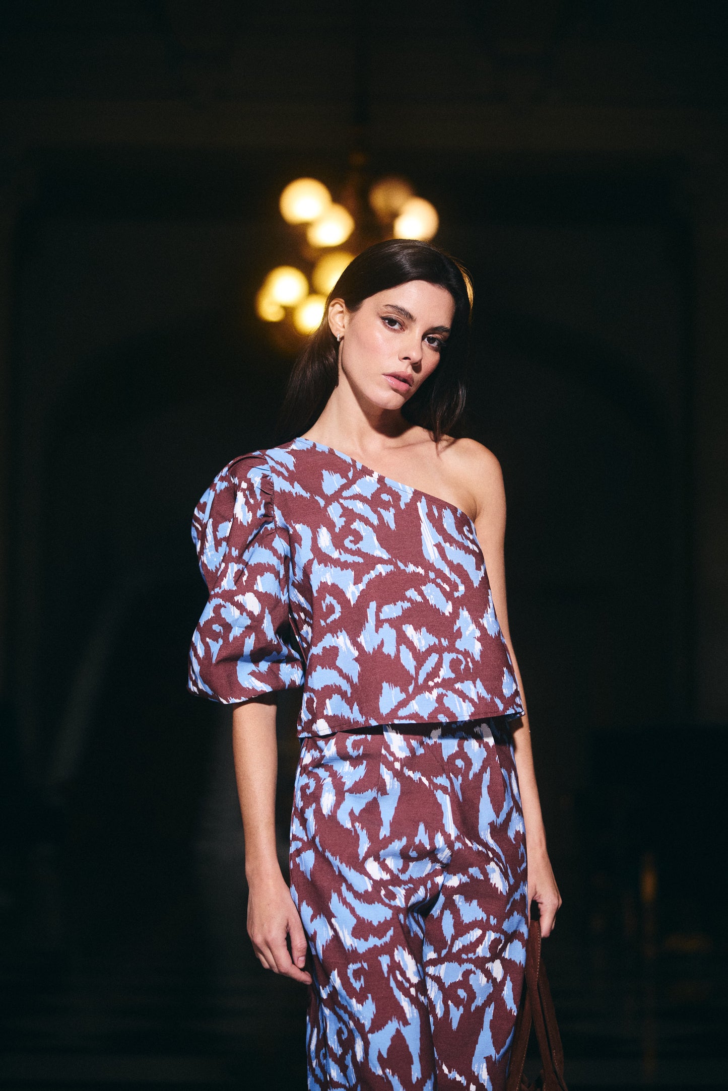 Blusa Mallorca Estampado Café con Celeste