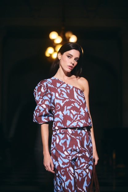 Blusa Mallorca Estampado Café con Celeste
