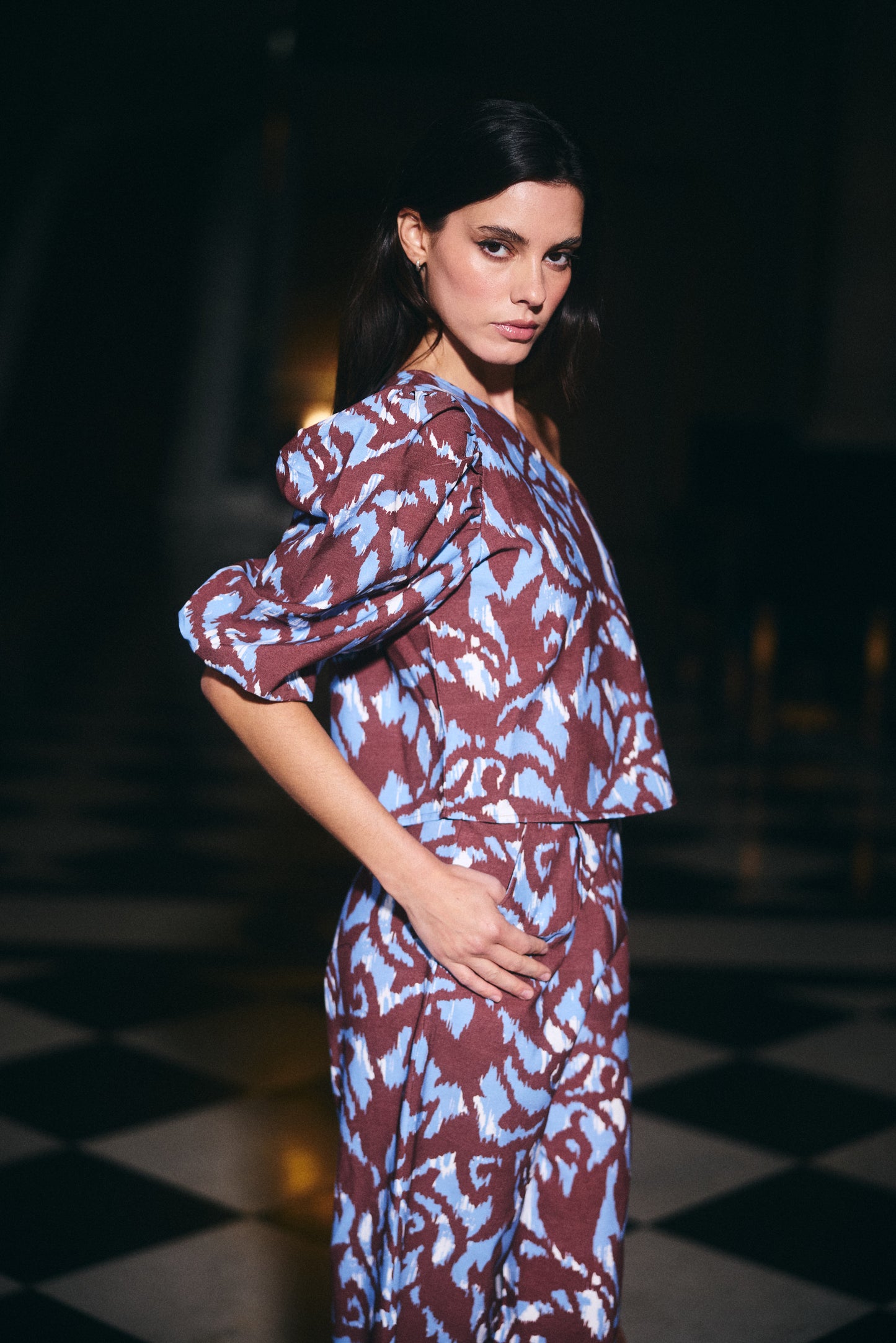 Blusa Mallorca Estampado Café con Celeste