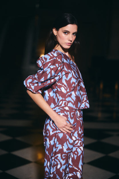 Blusa Mallorca Estampado Café con Celeste