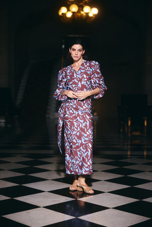 Falda Mallorca Estampado Café con Celeste