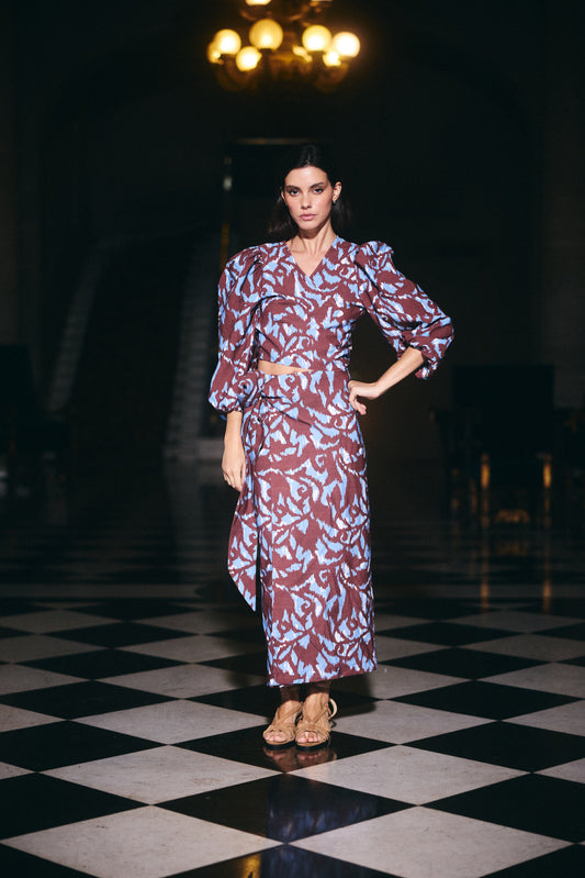 Falda Mallorca Estampado Café con Celeste