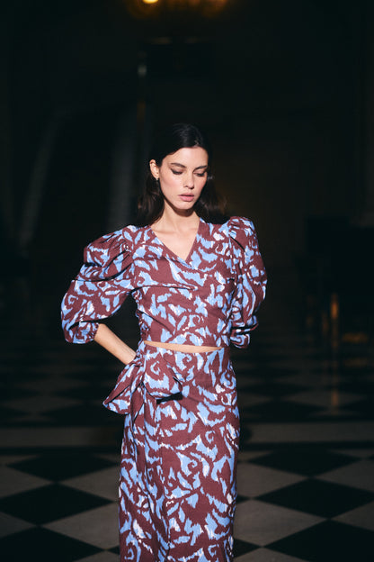 Falda Mallorca Estampado Café con Celeste
