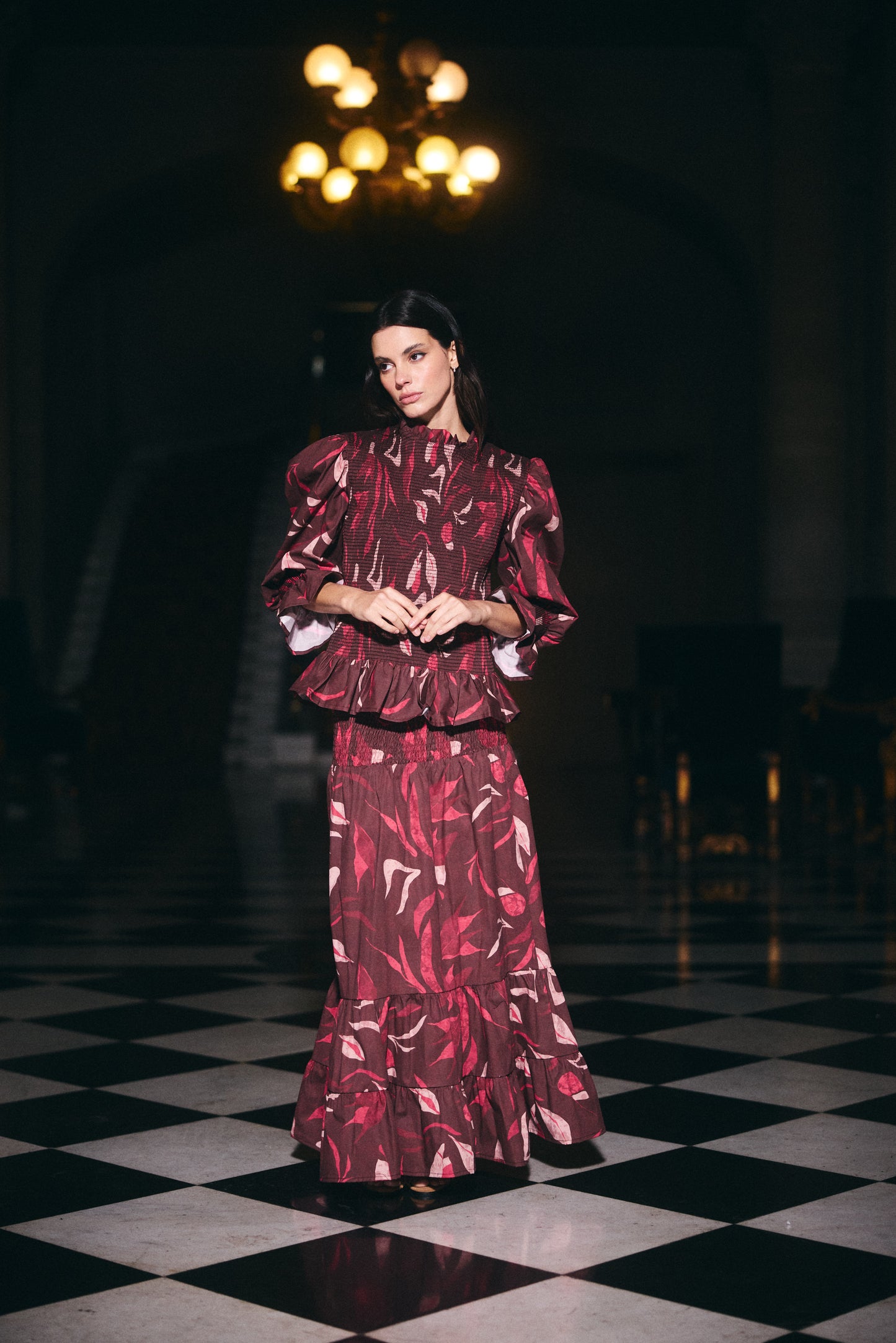 Falda Menorca Estampado Café con Rosado