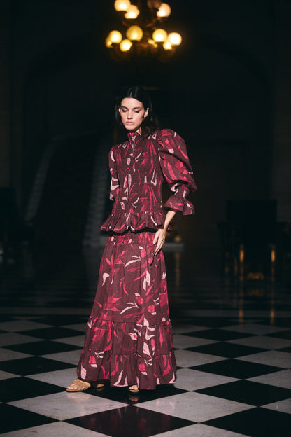 Falda Menorca Estampado Café con Rosado