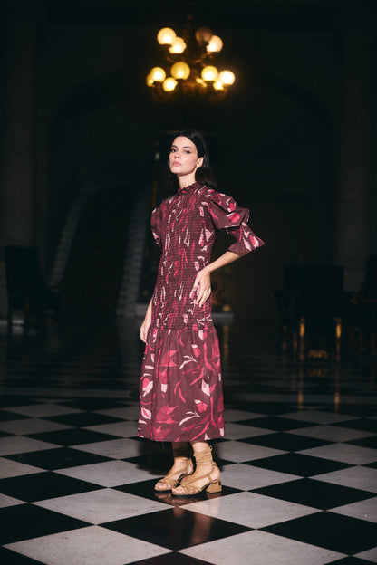 Vestido Cerdeña Estampado café con Rosado