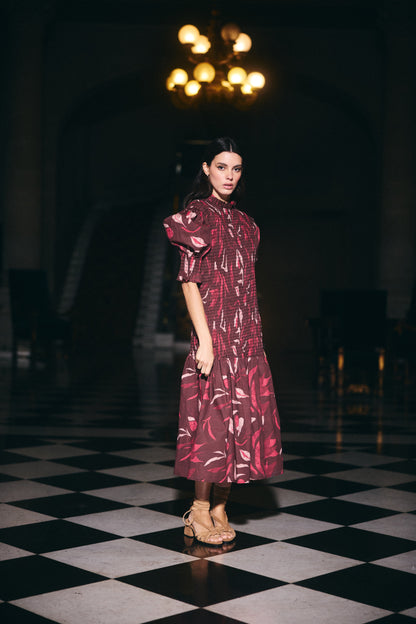 Vestido Cerdeña Estampado café con Rosado