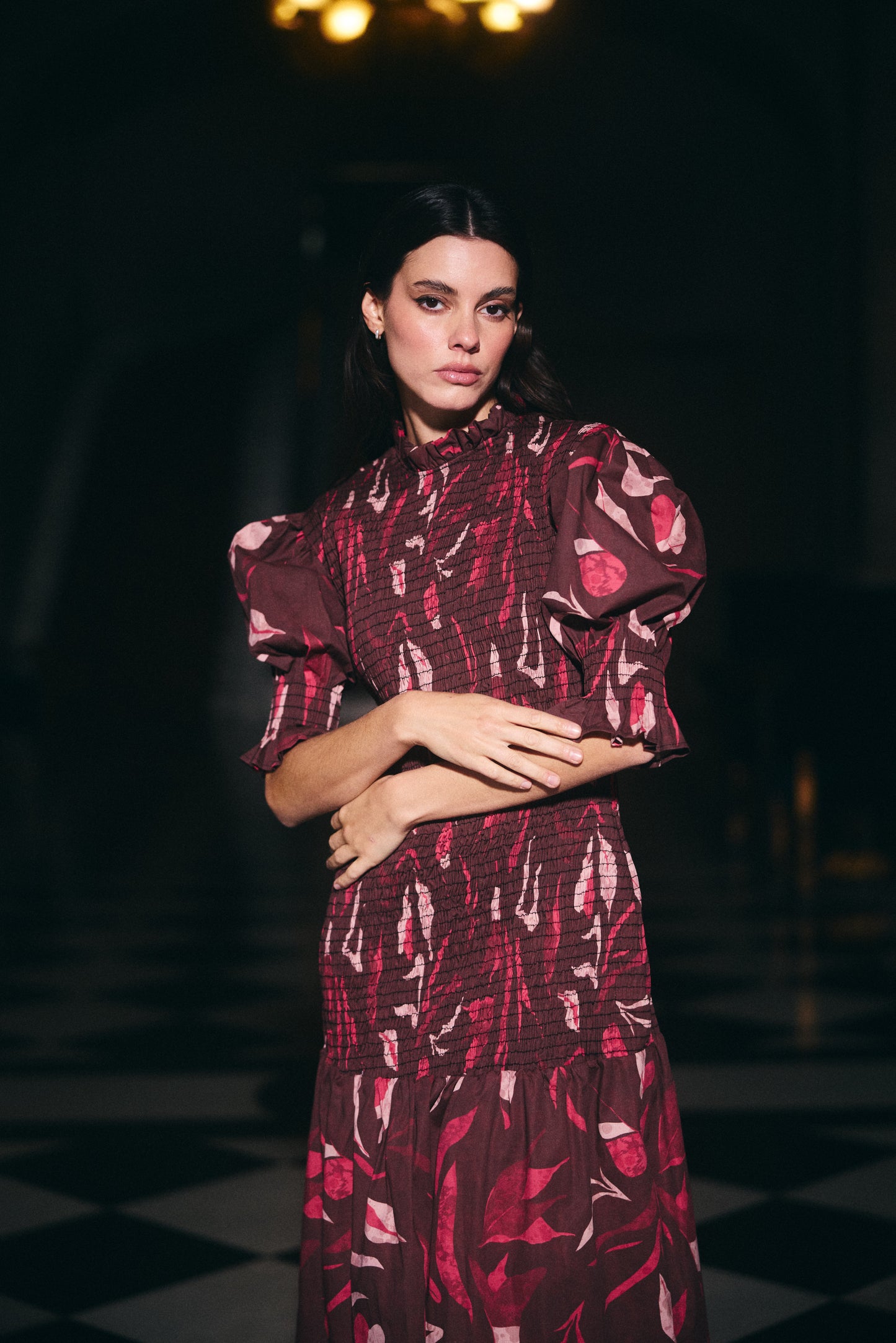 Vestido Cerdeña Estampado café con Rosado