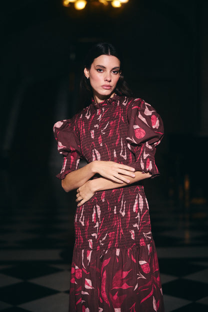 Vestido Cerdeña Estampado café con Rosado