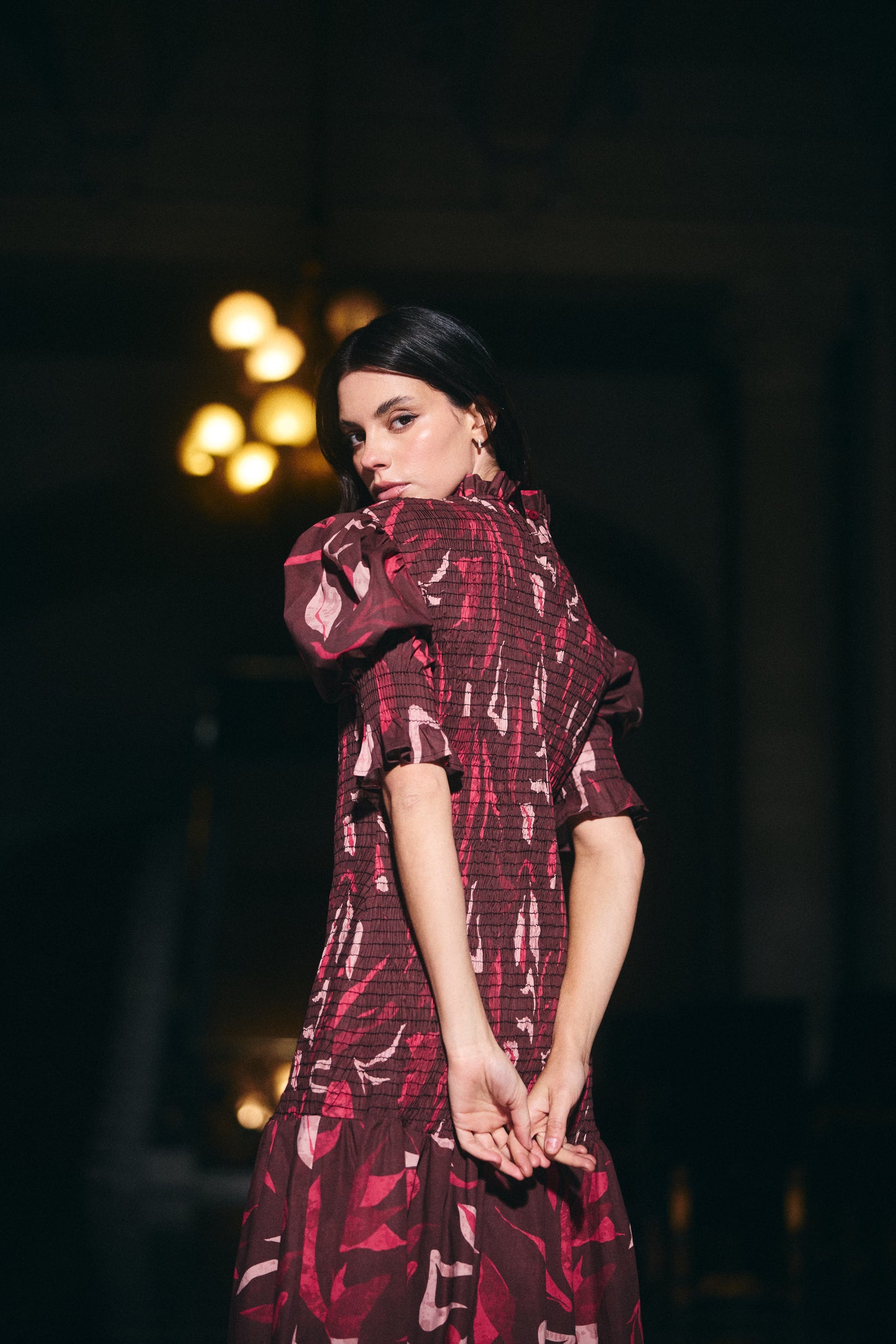 Vestido Cerdeña Estampado café con Rosado