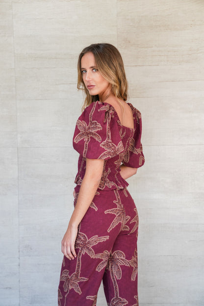 Blusa Hawaii Estampado Burdeo con Café (PREVENTA ENTREGA 15 OCT)