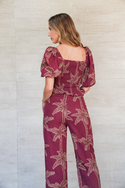 Blusa Hawaii Estampado Burdeo con Café (PREVENTA ENTREGA 15 OCT)