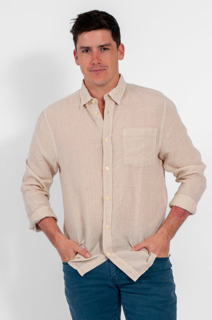 CAMISA HAWAII MANGA LARGA LINO BEIGE