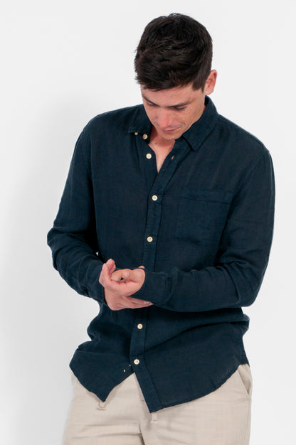 CAMISA HAWAII MANGA LARGA LINO AZUL