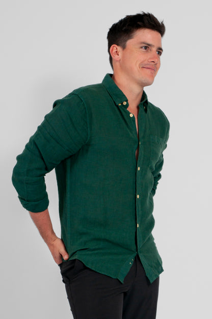 CAMISA HAWAII MANGA LARGA LINO VERDE