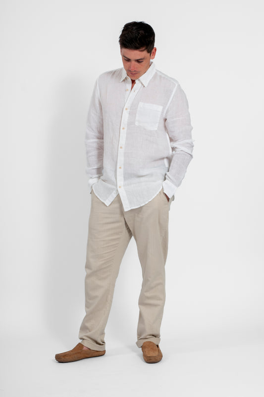 CAMISA HAWAII MANGA LARGA LINO BLANCA