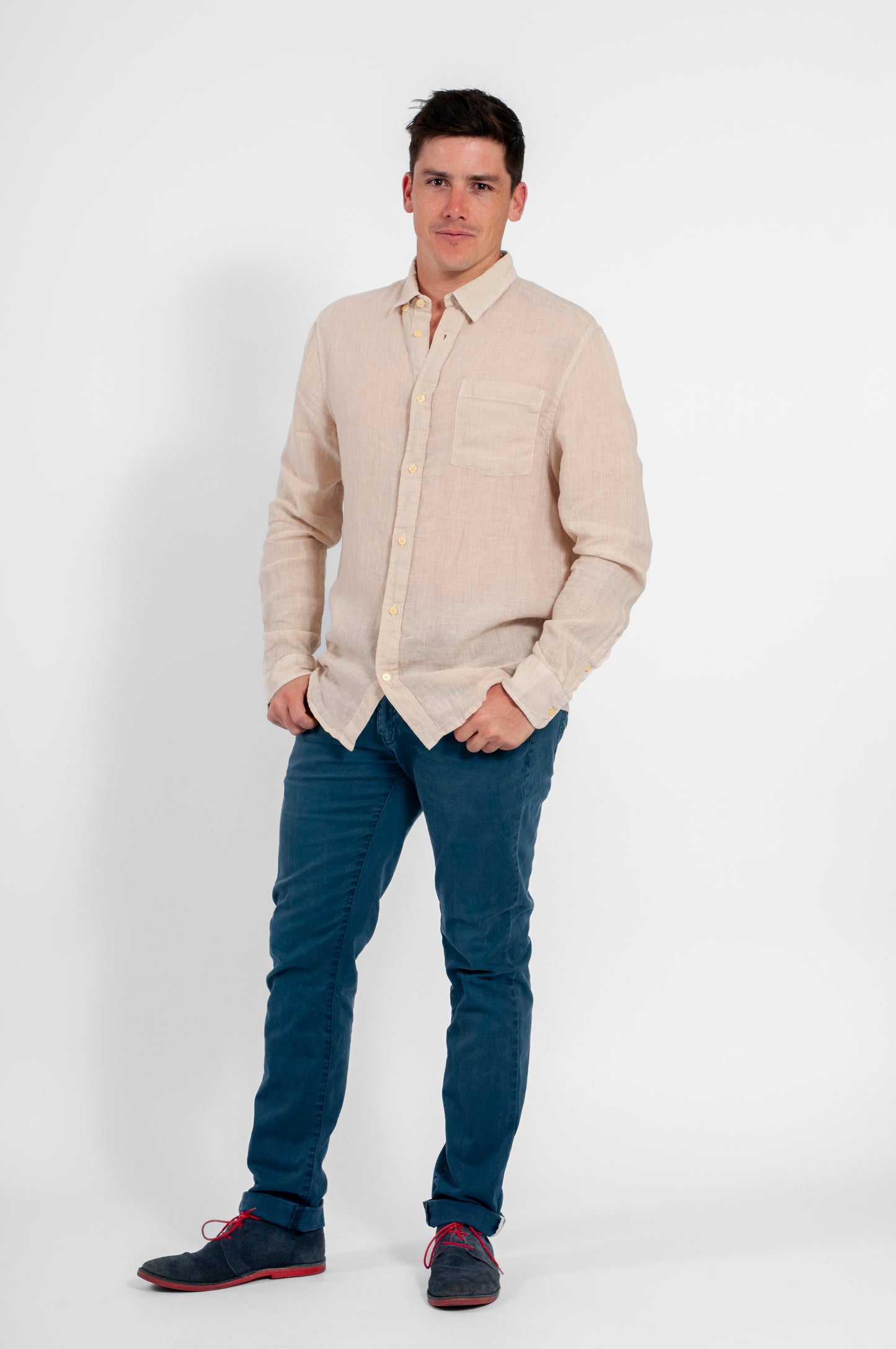 CAMISA HAWAII MANGA LARGA LINO BEIGE