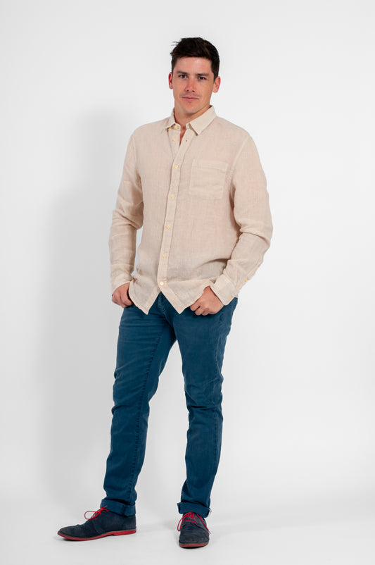 CAMISA HAWAII MANGA LARGA LINO BEIGE