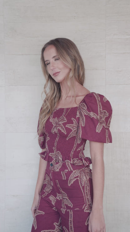Blusa Hawaii Estampado Burdeo con Café (PREVENTA ENTREGA 15 OCT)